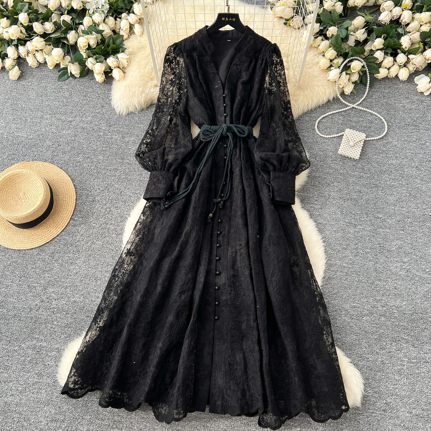 French high-end dress 2025 waist embroidery V-neck lantern sleeves single-breasted long skirt R2135