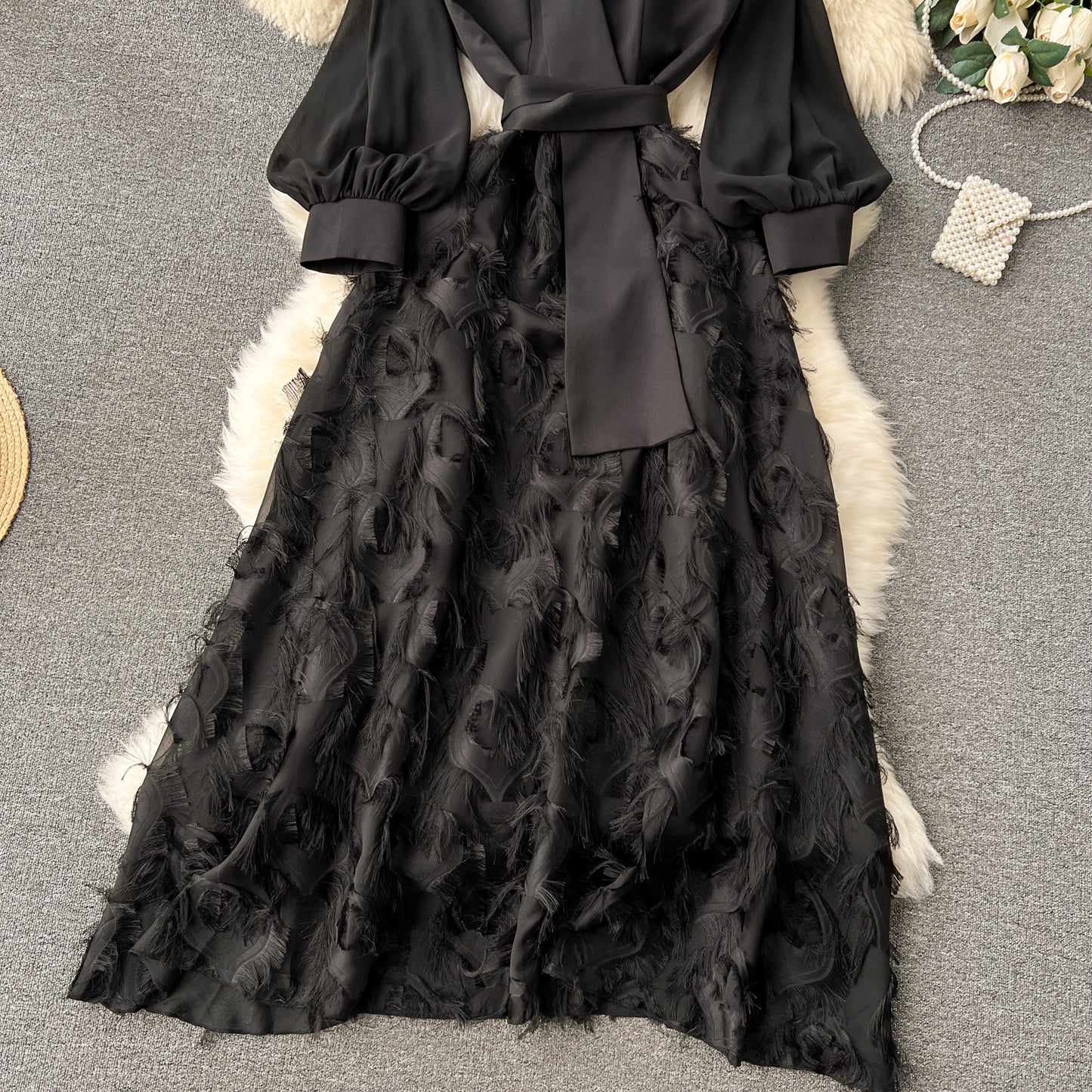 High-end dress 2025 new French splicing fake two-piece temperament long dress R2153