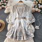 New French retro print single-breasted V-neck lantern sleeve waisted mid-length dress R2136