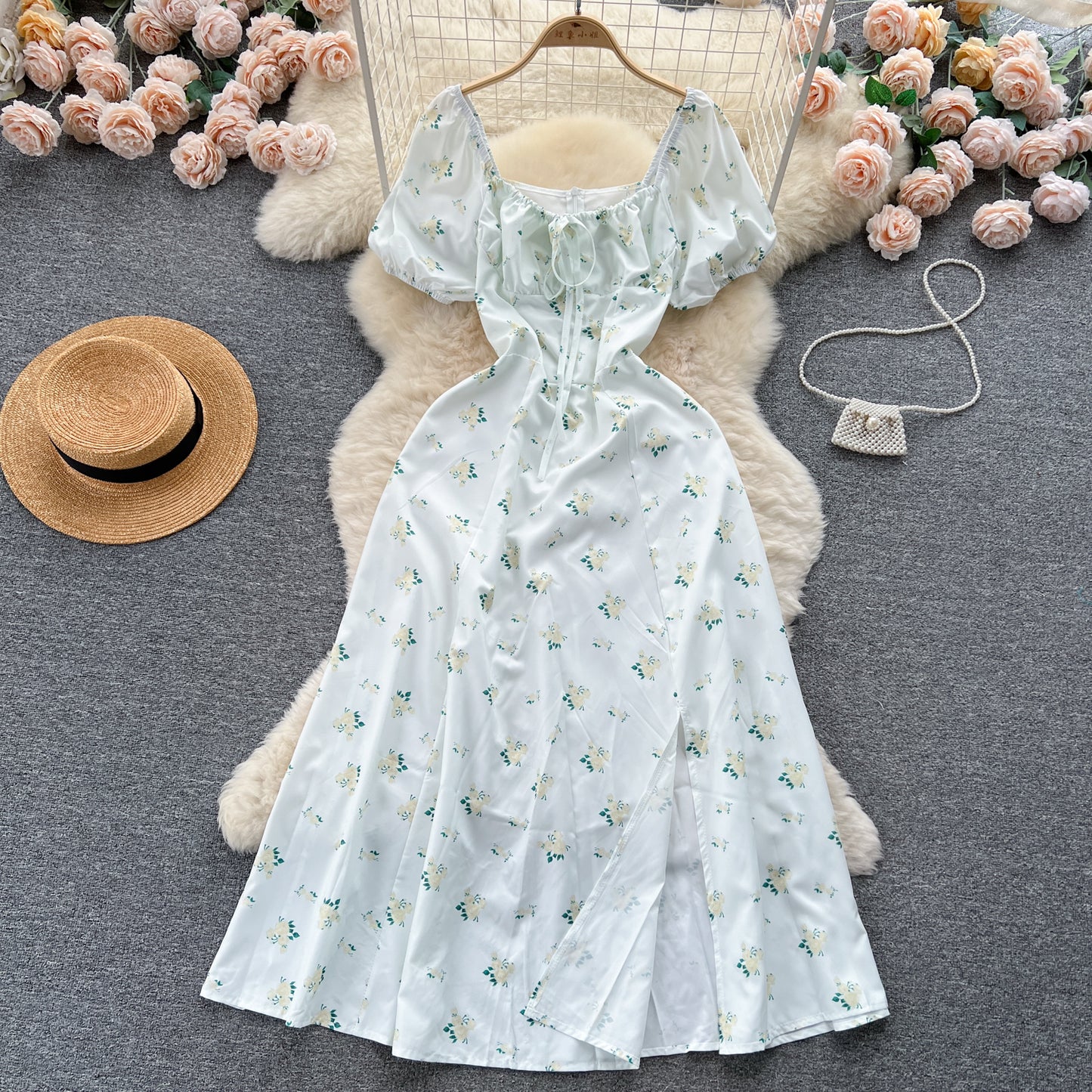 French pure desire high-grade floral dress slim temperament super fairy slit long skirt R2144