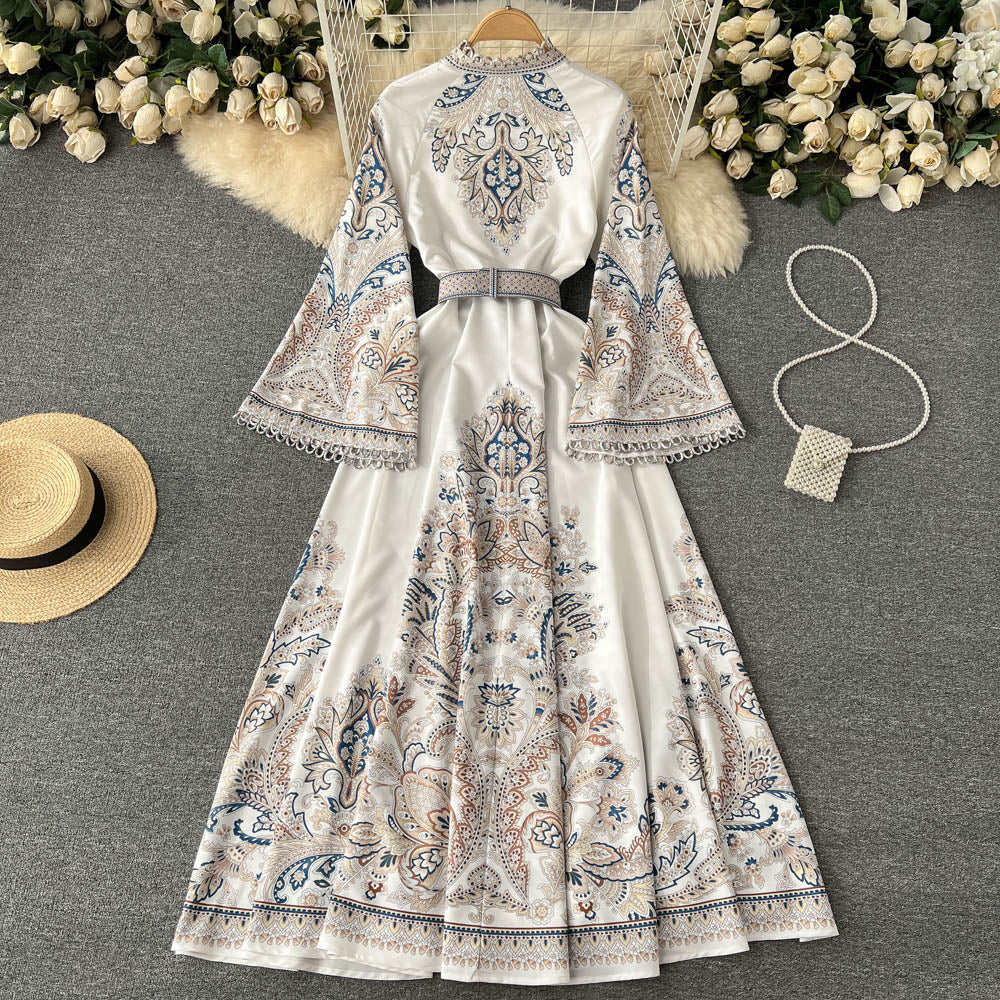 New retro printed round neck trumpet sleeve dress with large swing irregular pleated long skirt R2150