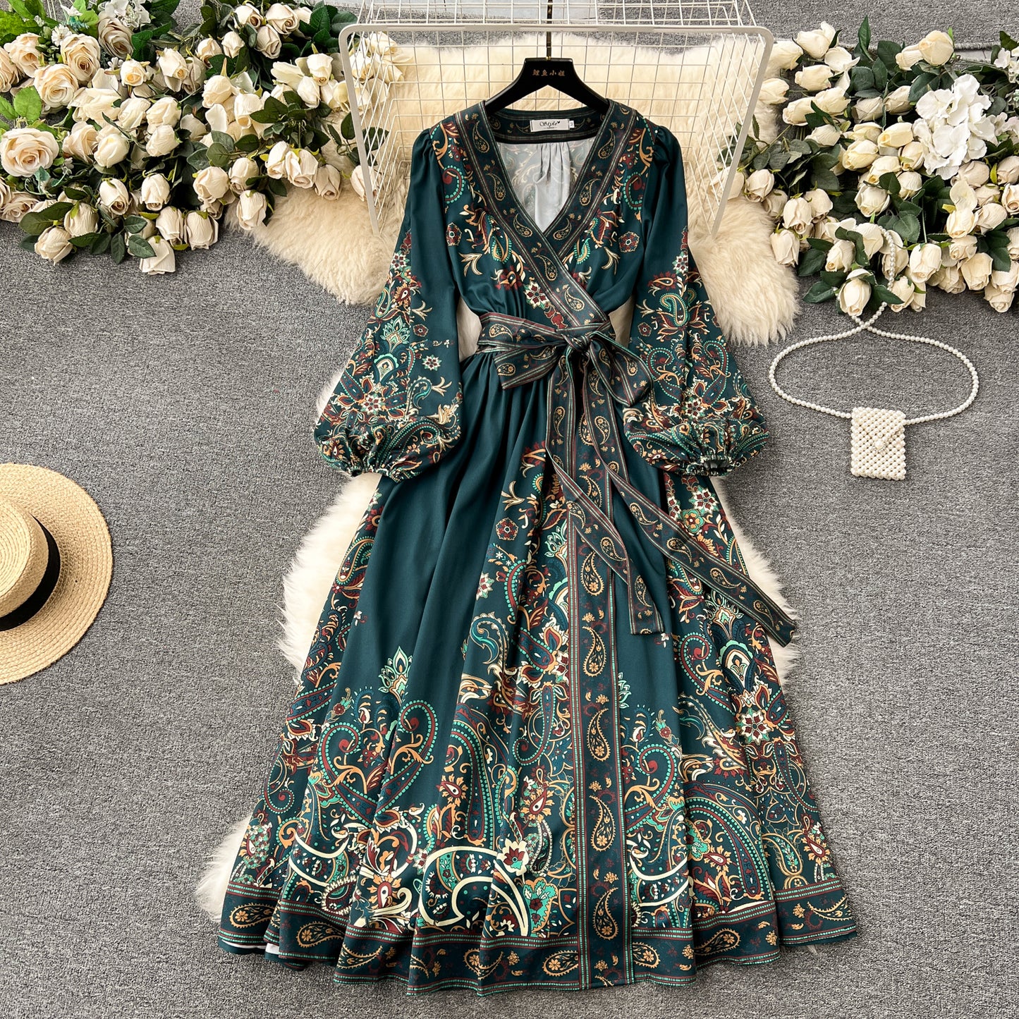 New French style high-end one-piece tie waist print dress elegant long skirt R2133