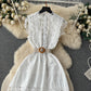 French high-end stand-up collar hollow embroidered lace sleeveless waist slimming elegant dress R2159