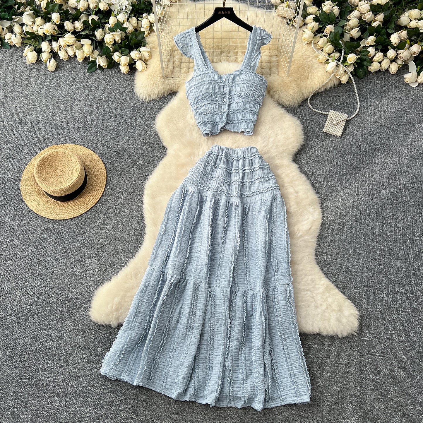 Gentle outfit holiday style short small flying sleeve suspender top high waist pleated skirt suit R2158