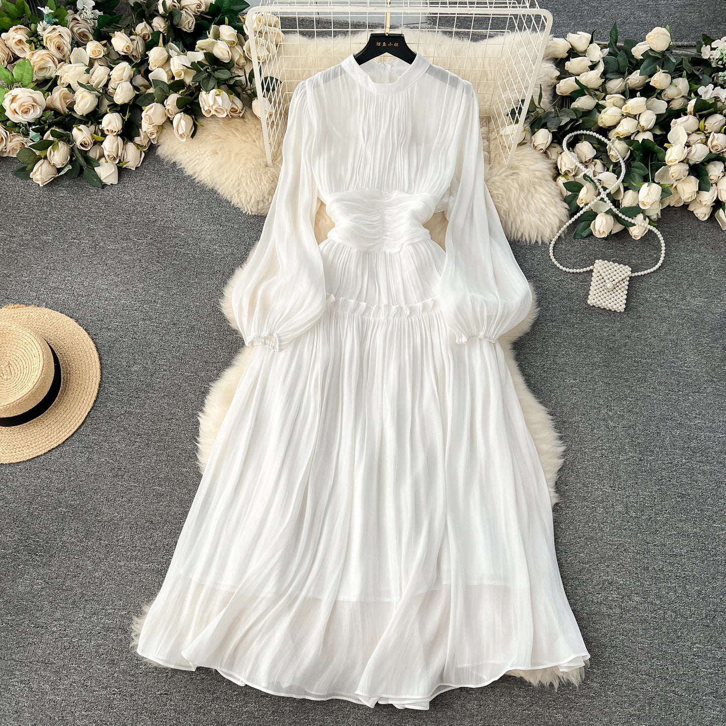 High-end dress 2025 new style stand-up collar pleated waist long puff sleeve dress R2143