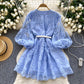 French court style V-neck lantern sleeves embroidered waist slimming A-line elegant dress R2146