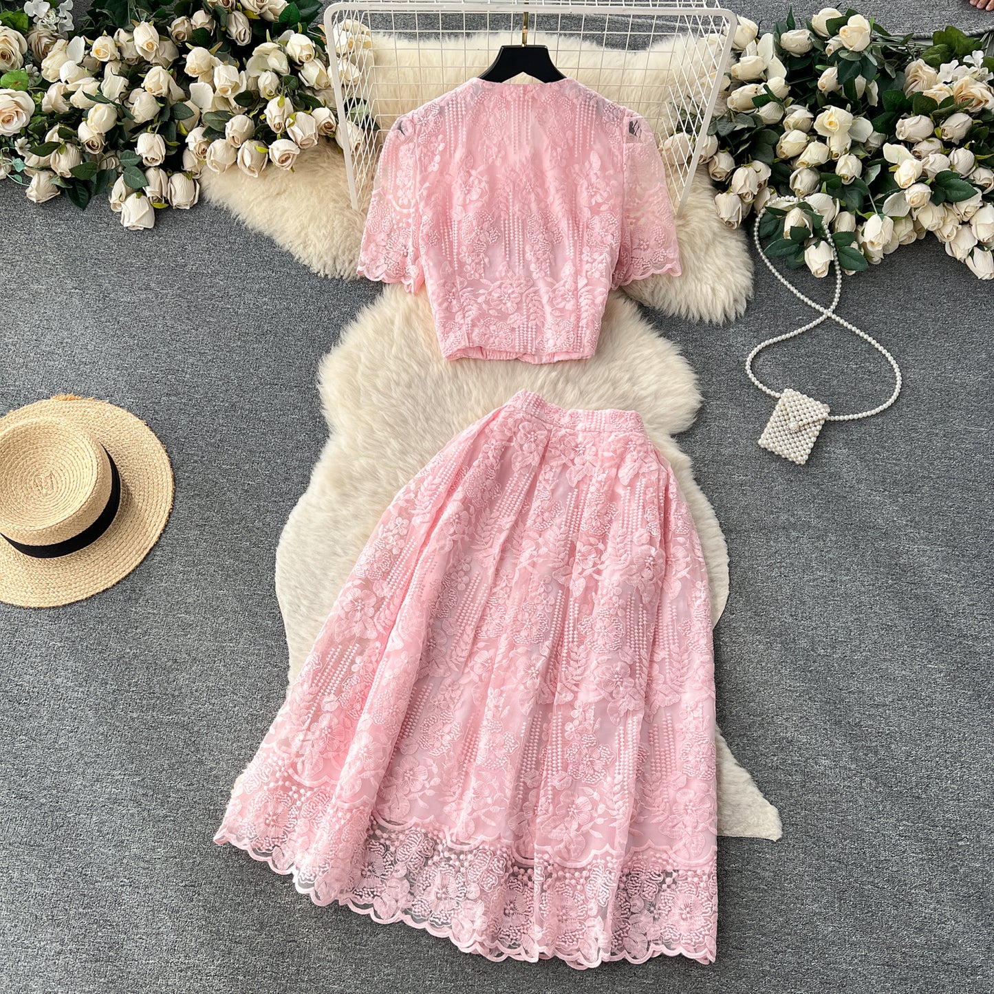 High-end suit French lace hook flower puff sleeve shirt two-piece high waist slim skirt R2137