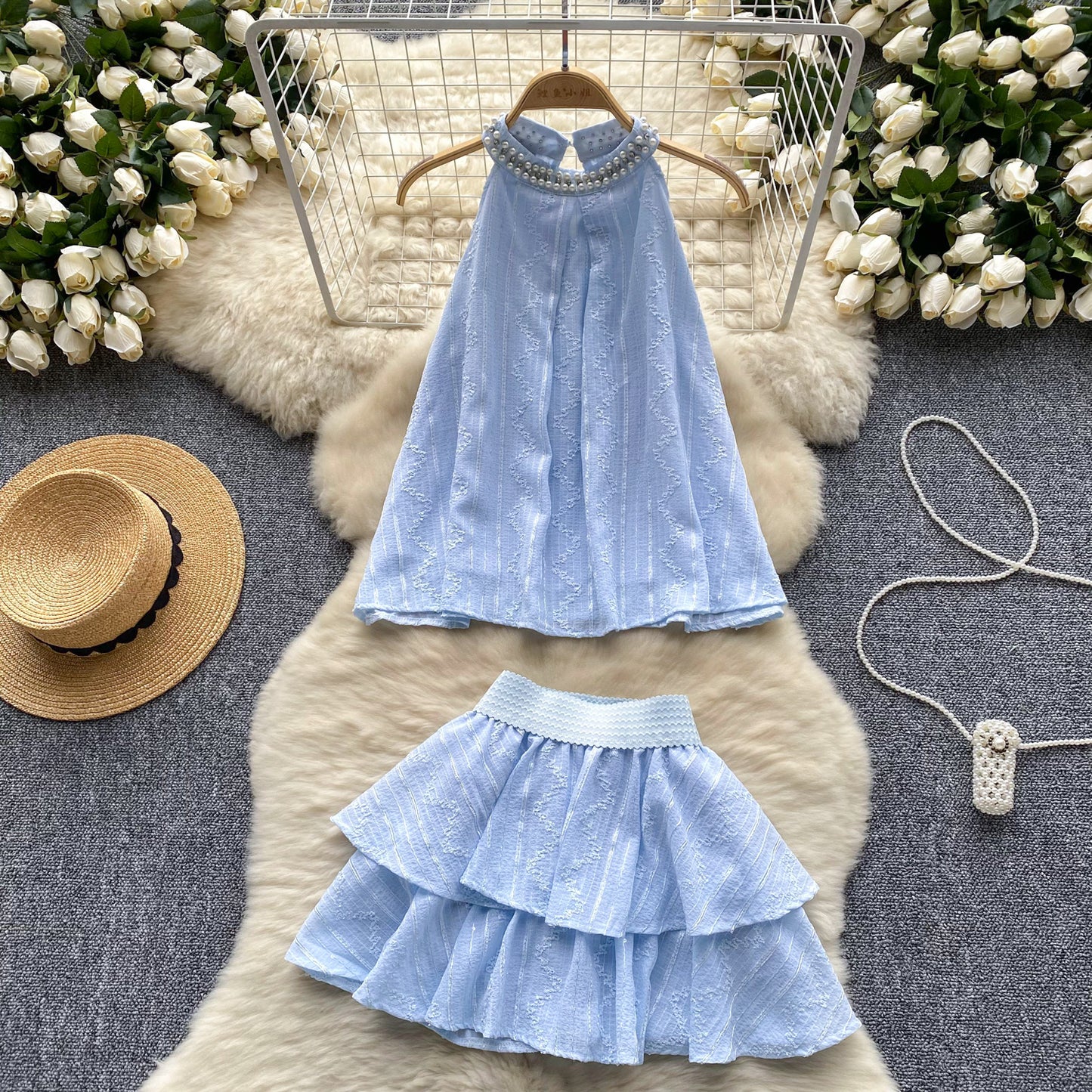 High-end round neck halter top high waist slimming A-line skirt sweet two-piece suit R2161