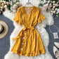 Dress 2025 new summer sweet love print trumpet sleeve tie waist short style R2166