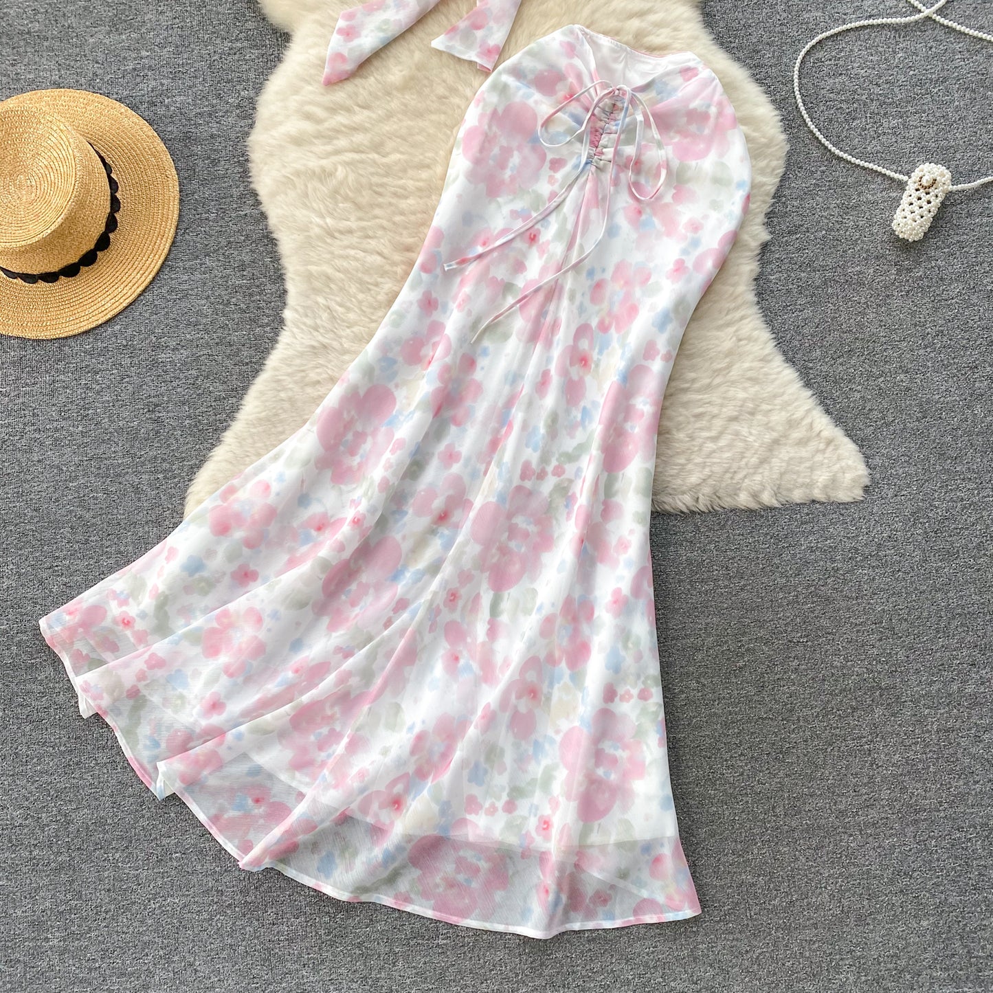 Vacation outfit sexy halter neck tube top hip fishtail skirt skirt floral two-piece suit R2152