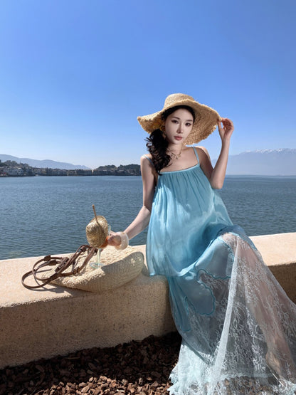 Holiday style gentle temperament unique beautiful blue suspender top skirt two-piece set R0869