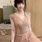 Gentle temperament v-neck sleeveless top mesh skirt beautiful two-piece suit R0870