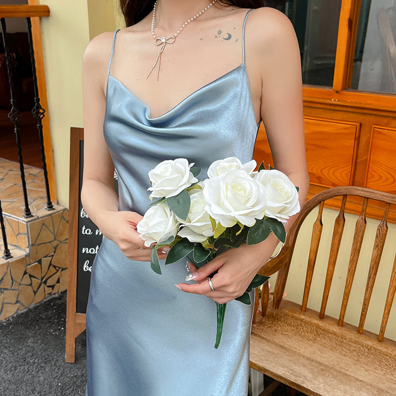 High-grade silk suspender dress for women, medium-length satin slim-fitting maxi dress R0981