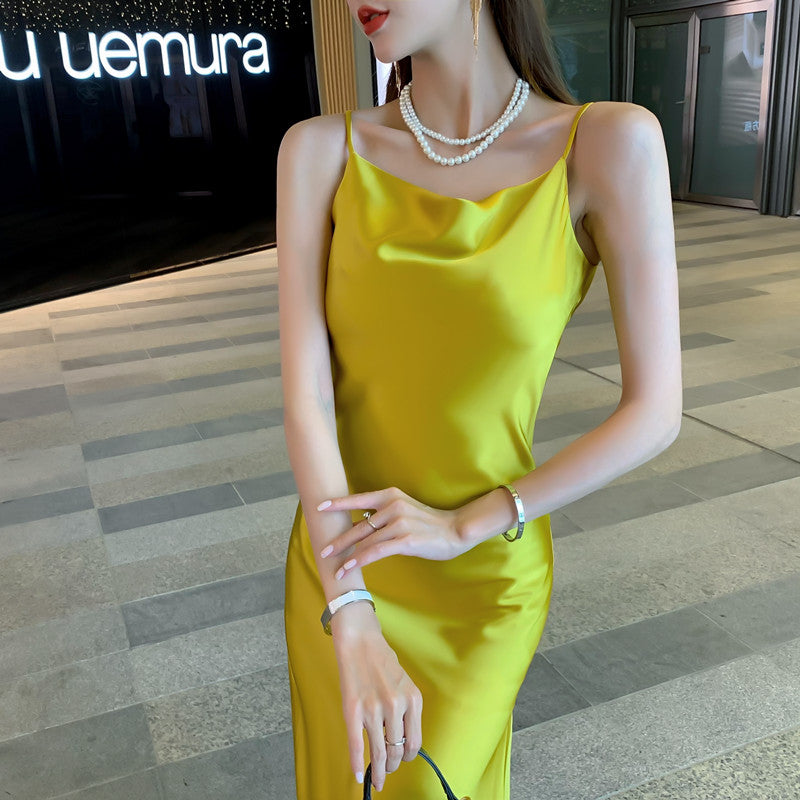 High-end French dress sexy silk satin sway collar niche design pure desire suspender skirt R0992