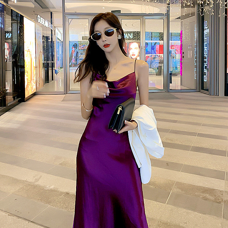 High-grade purple silk suspender dress with medium-length satin inner wear for slimming R0985