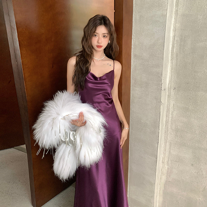 French satin suspender dress Hepburn long skirt with base purple A-line slim vest skirt R0984