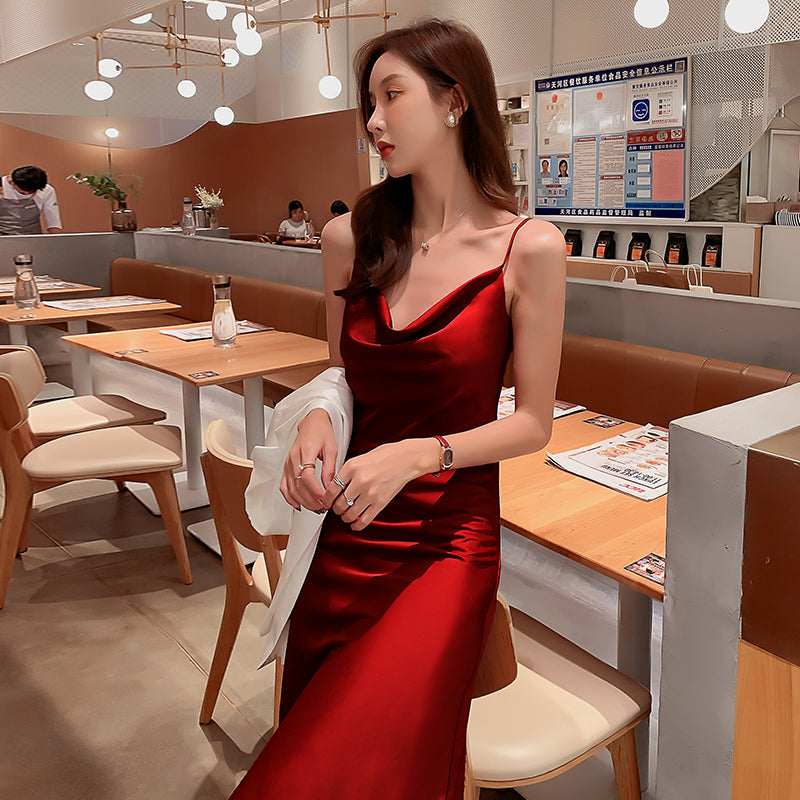 High-grade silk suspender dress with medium-length satin acetate for slimming R0983