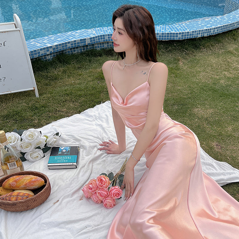 High-grade acetate satin silk dress slim sexy gentle girl pink inner suspender skirt R0990