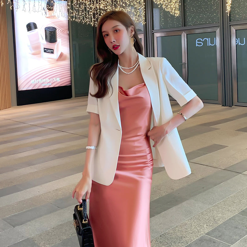 Silk suspender dress mid-length satin waist temperament inner wear bottoming long skirt R0994