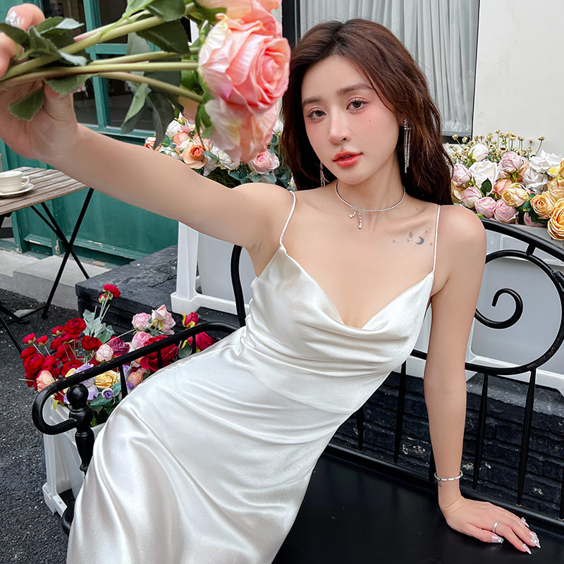 High-grade acetate silk satin white suspender dress mid-length bottoming skirt inner wear R0982