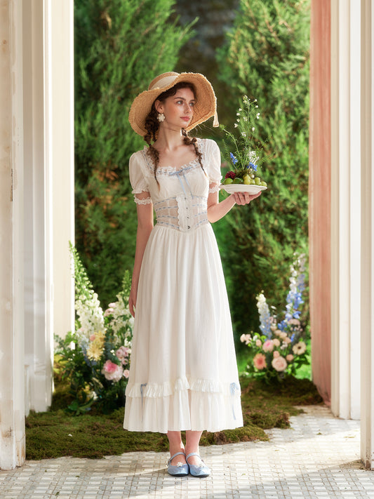 French pastoral white big swing fishbone dress long little white dress homecoming dress R5155