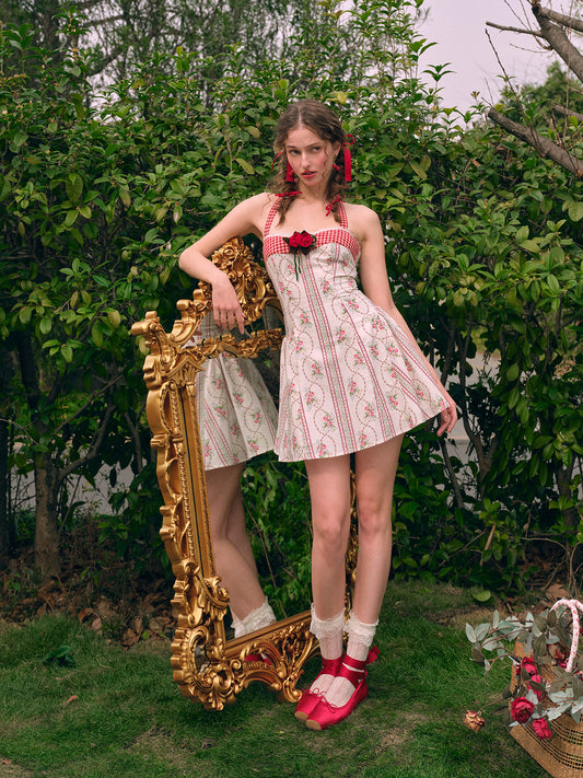 French pastoral red halter dress short petite homecoming dress R5152