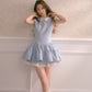 Blue shirt collar vest dress with multi-layered puffy patchwork waist sleeveless dress R5174
