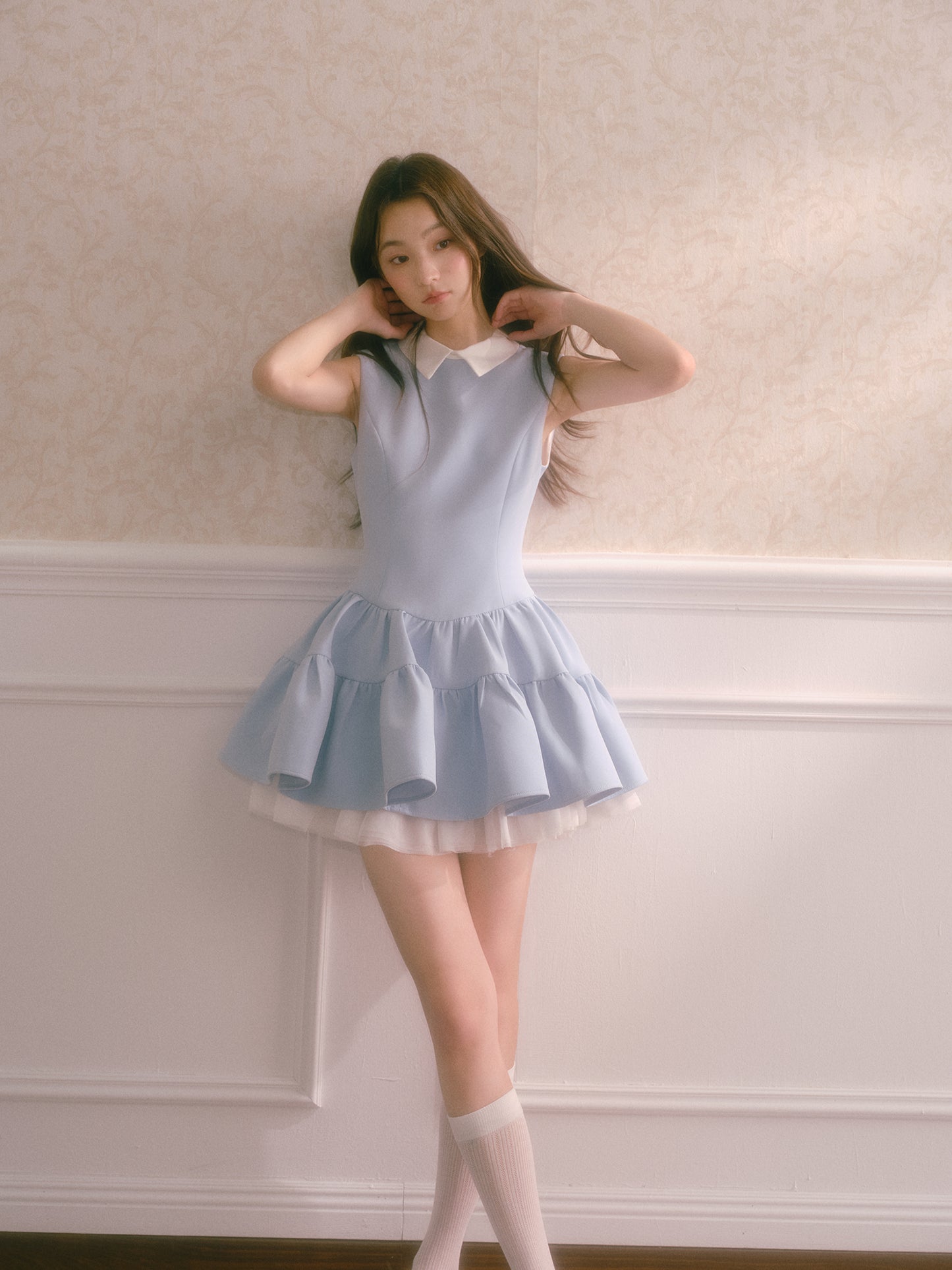 Blue shirt collar vest dress with multi-layered puffy patchwork waist sleeveless dress R5174