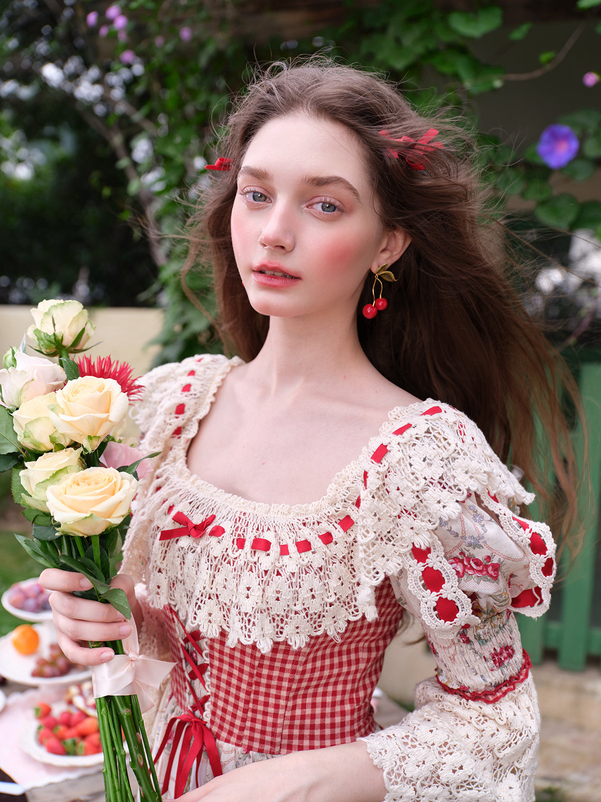 French Pastoral Retro Lace Print Herringbone Long Sleeve Dress Homecoming Dress R5165