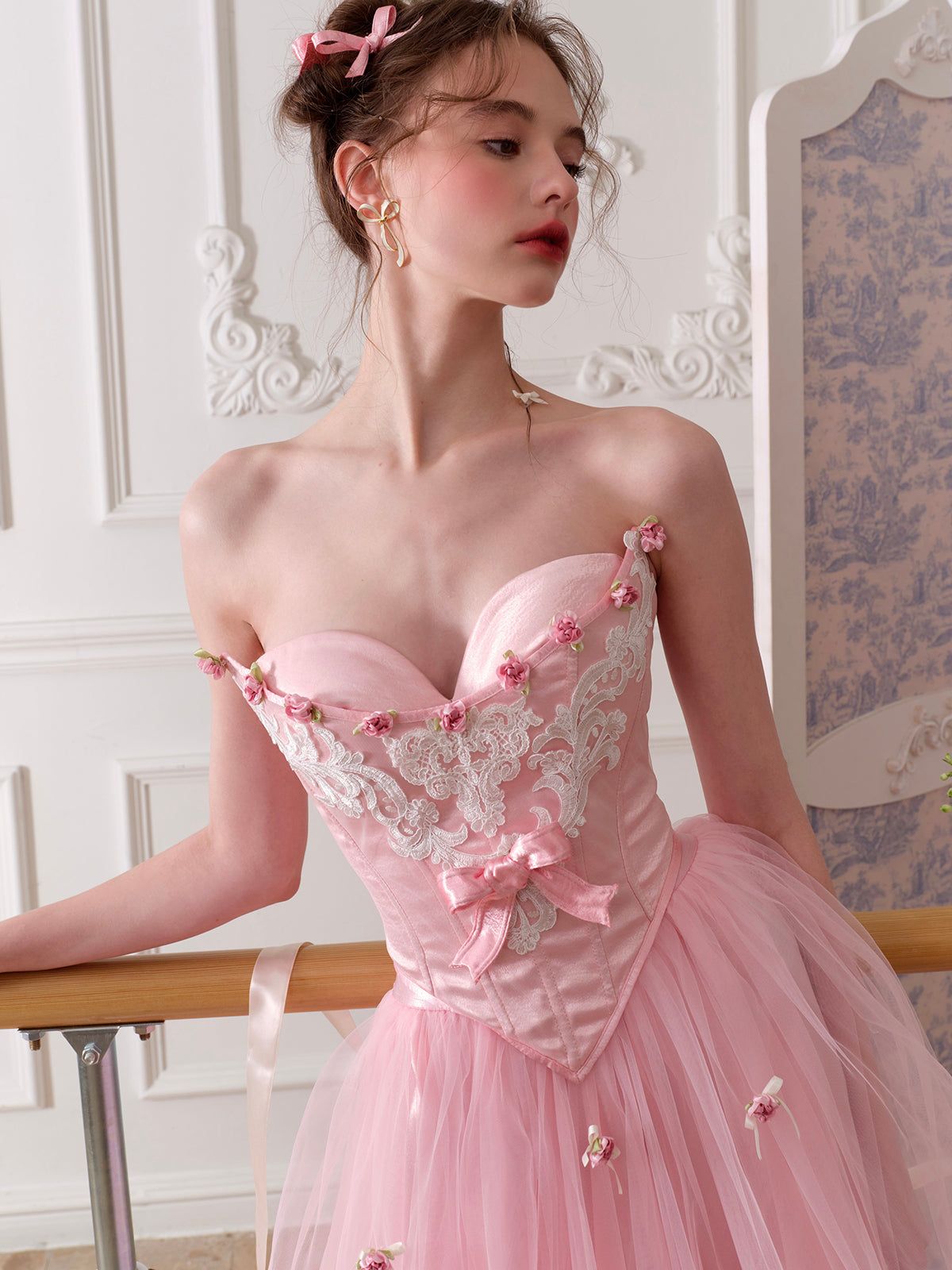 French Sweet Ballet Style Pink Fishbone Corset Mesh Skirt Set Homecoming Dress R5166