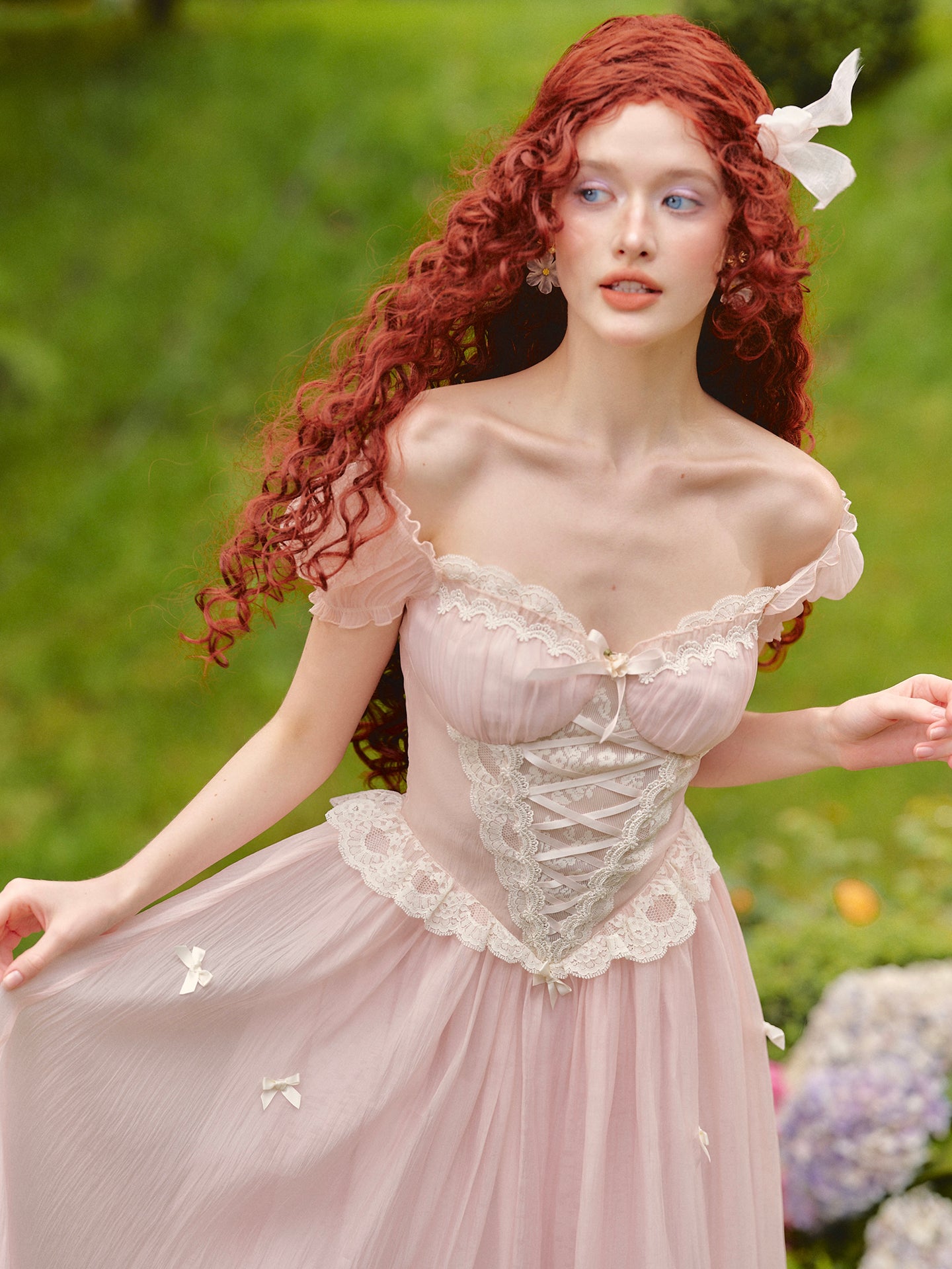 French pink fairy dress design long short-sleeved fishbone dress homecoming dress R5158