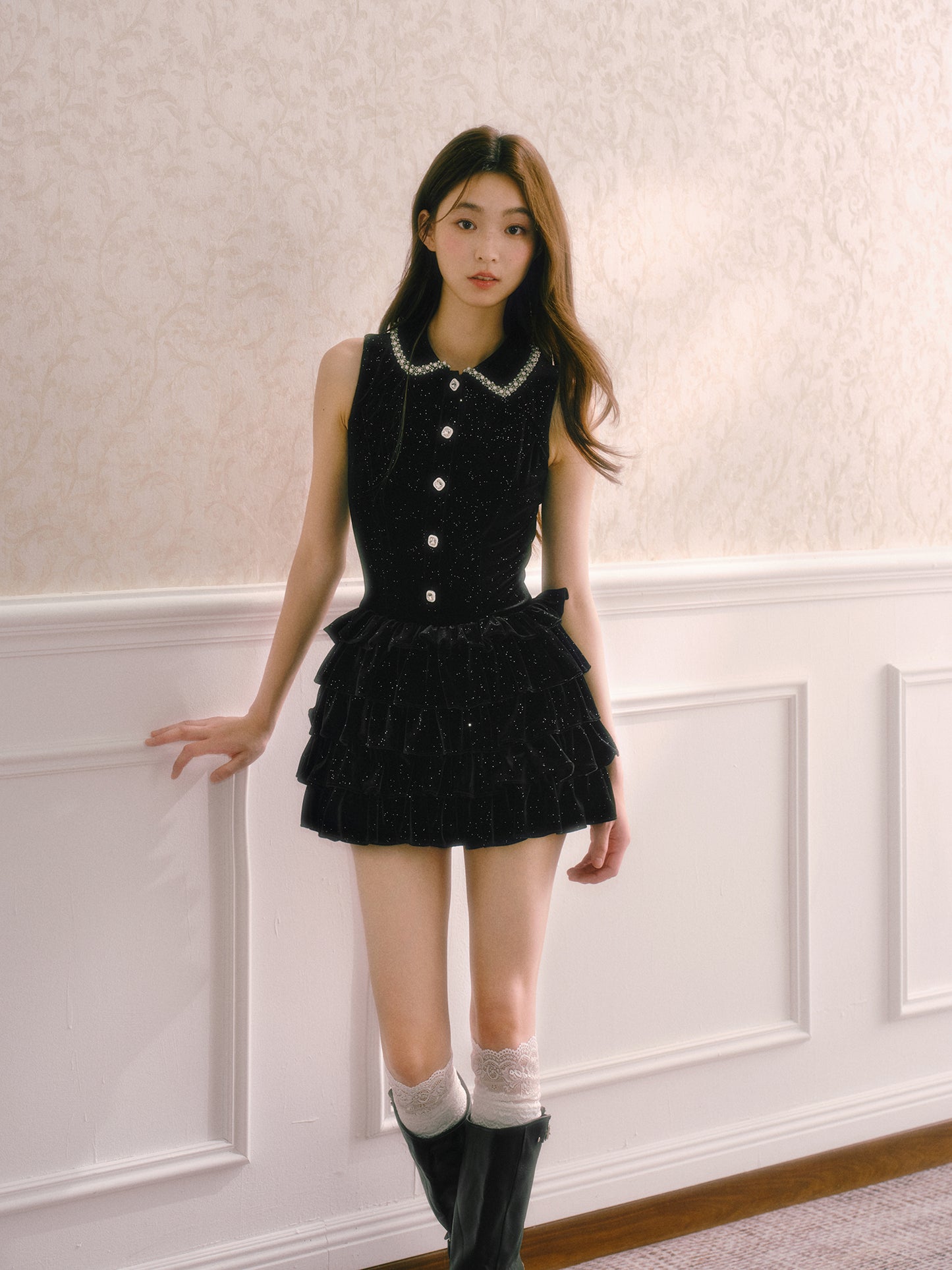Black velvet shimmering qianjin style cake-style lace waist belt puffy dress R5175