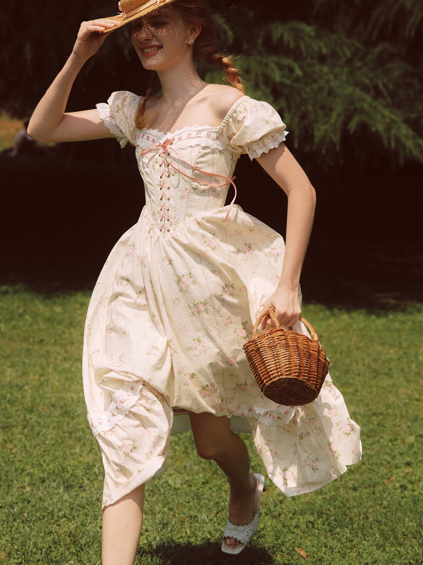 French design pastoral style printed slim fishbone corset dress homecoming dress R5163