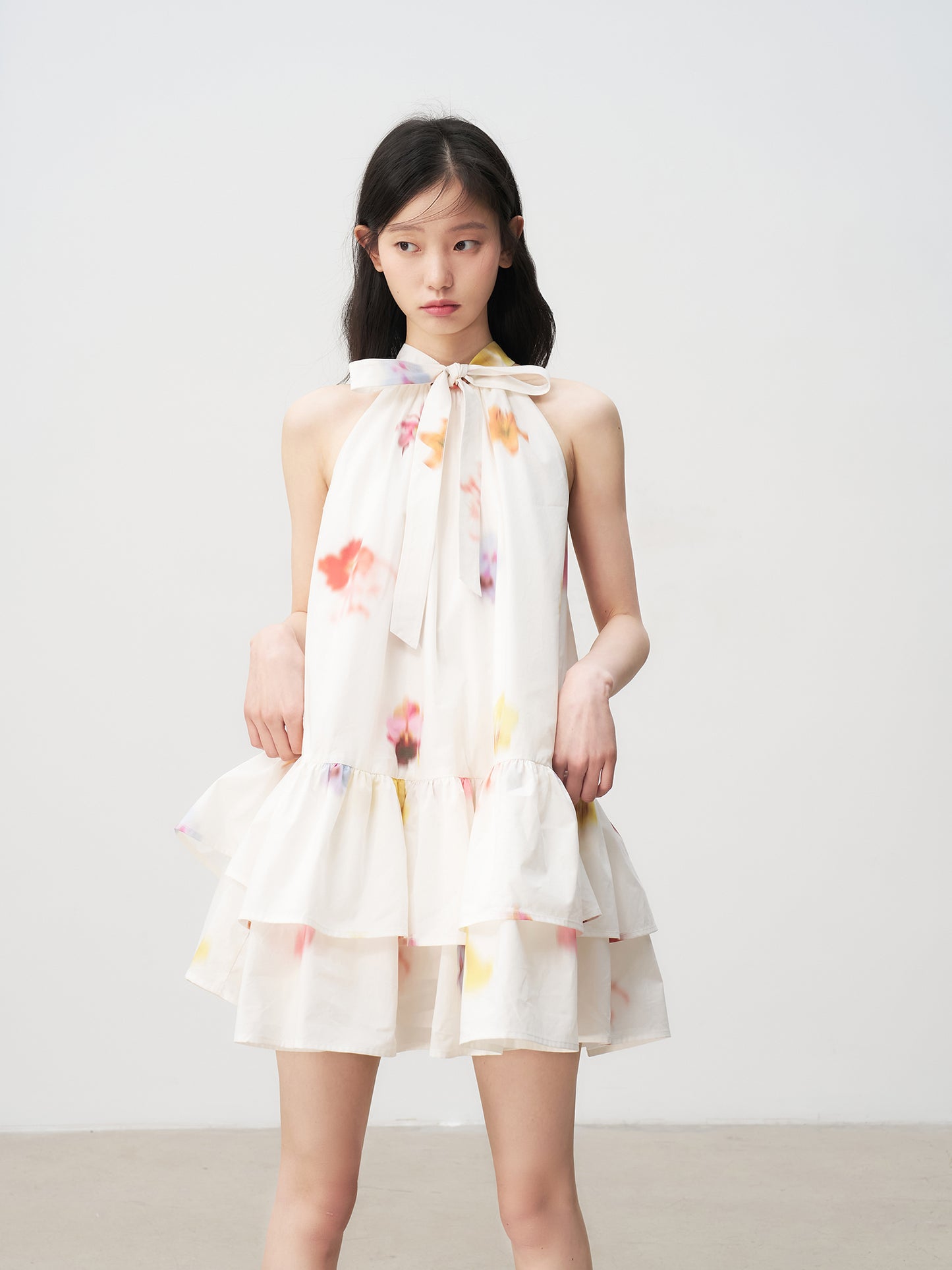 Sleeveless Floral Bow Tie Halter Dress with Ruffled Hem Tutu Skirt R5169