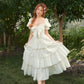 French-style waist white long dress puff sleeve cake dress homecoming dress R5157