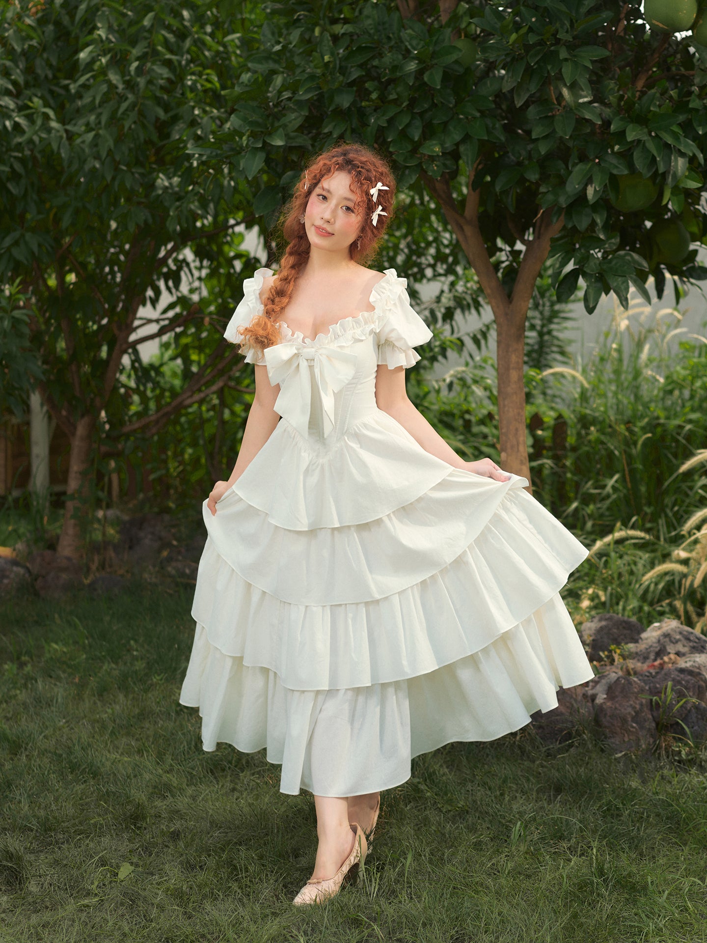 French-style waist white long dress puff sleeve cake dress homecoming dress R5157