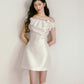 White silk satin elastic one-shoulder bow waisted girlish dress R5171