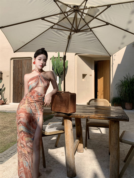 Beach dress for vacation, slim and sexy, backless, halter neck, high slit dress R1612