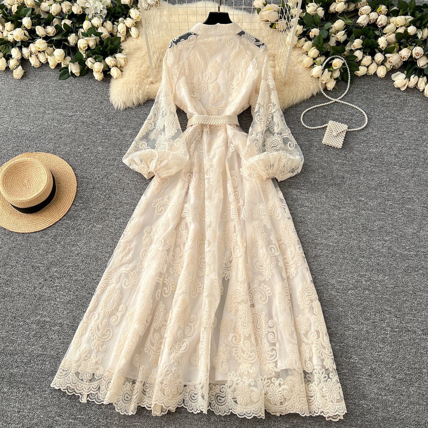 Elegant Stand Collar Crochet Embroidery Lantern Sleeve Tie Waist Long Dress R2250