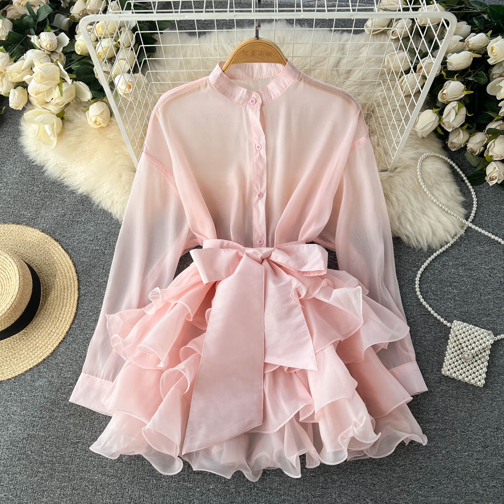 Chiffon chic tops new ruffles high-end design bow tie niche shirt R2252