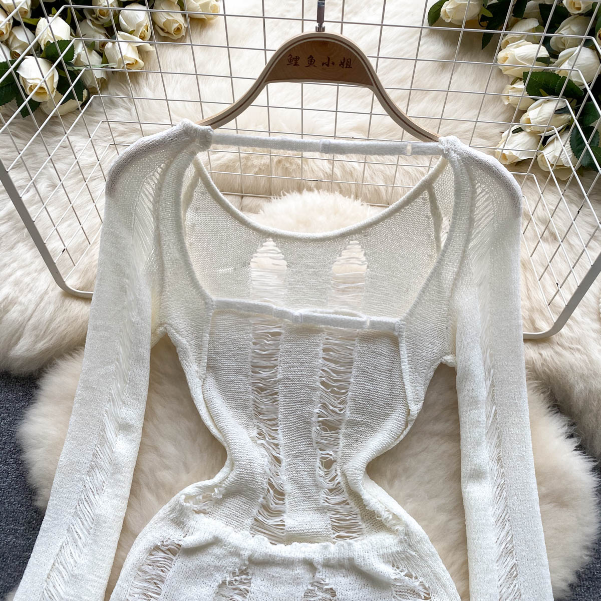 Sexy hollow thin long-sleeved knitted short skirt slimming and thin pure hot girl backless dress R2254