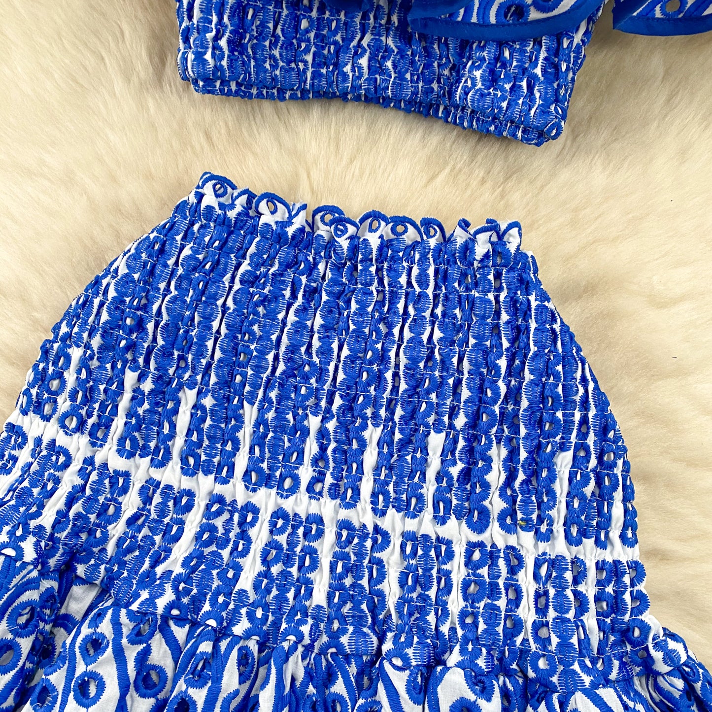 Holiday style suit heavy embroidery hollow ruffle one-shoulder top short skirt two-piece suit R2255