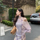 Gentle temperament purple plaid suspender dress beautiful waist A-line long skirt R0734