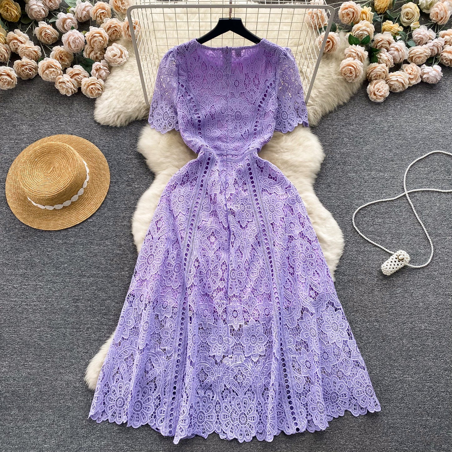 Retro round neck lotus leaf sleeve lace dress new style slim temperament elegant long skirt R2259