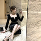 Hepburn style French black dress high-end niche temperament square neck long sleeve dress R1793