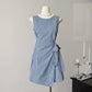Two-color sleeveless round neck dress for women with waist-length tie skirt R2055