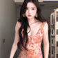 Pink floral suspender dress beautiful waist slim hip skirt R0622