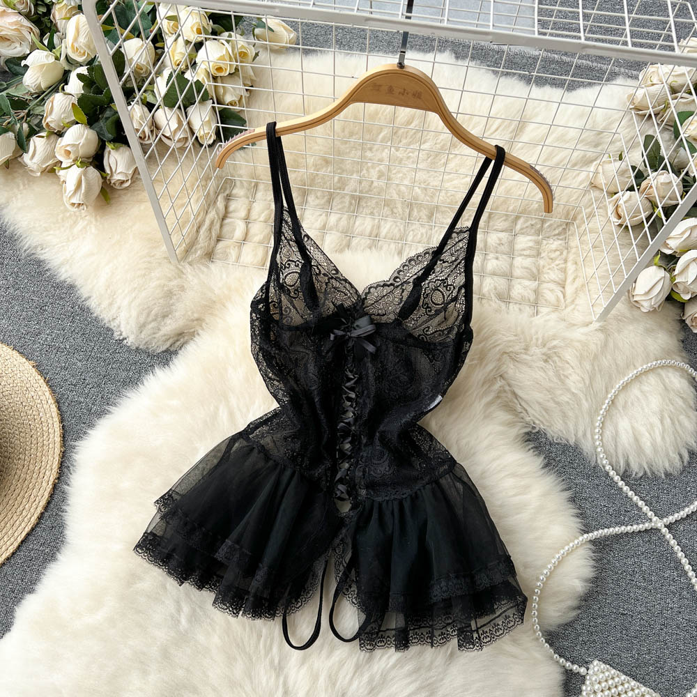 Small lace dark series puffy skirt waist slimming princess skirt mini skirt R2197