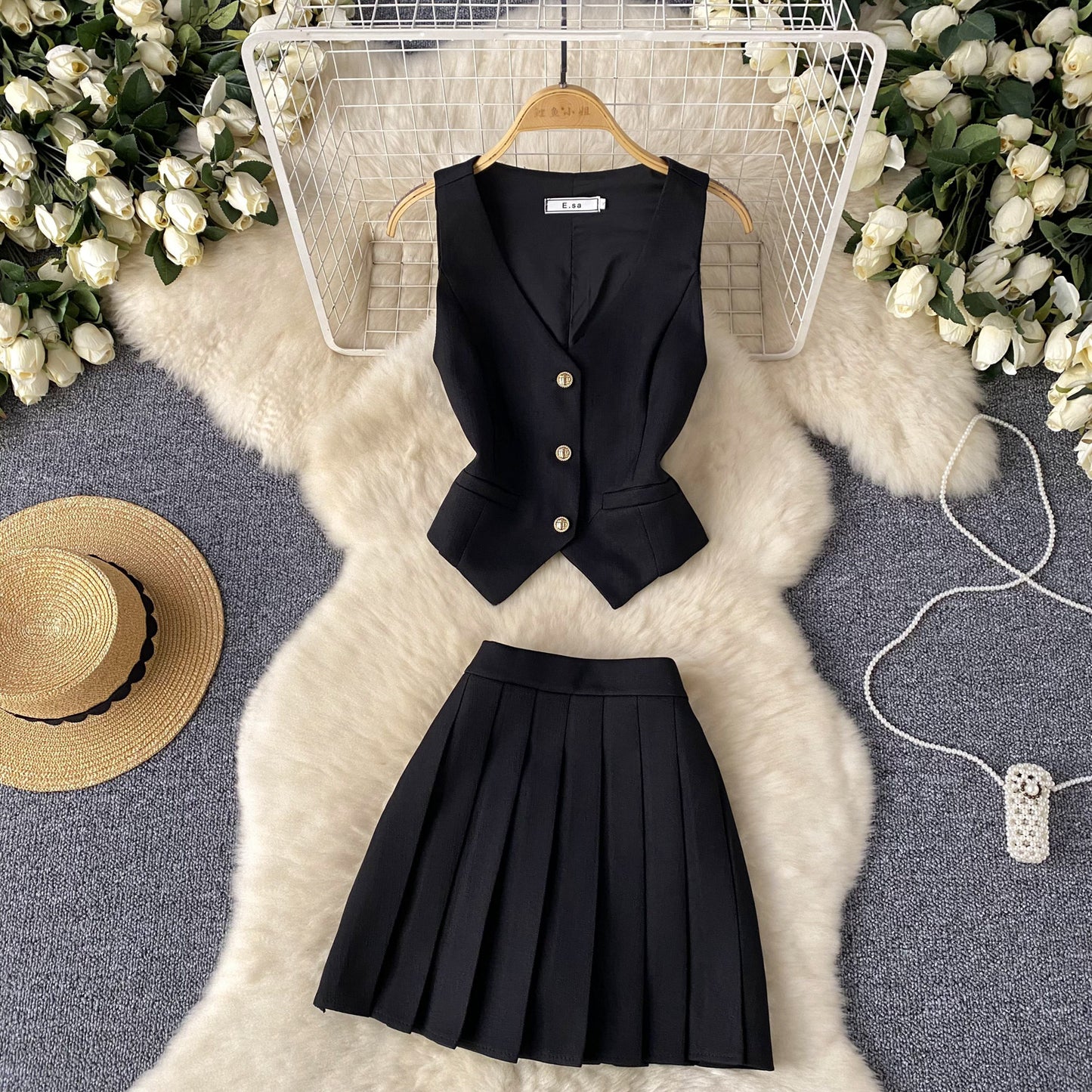 French Chanel style all-match split suit vest + high waist pleated skirt two-piece suit R2205