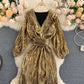 Fashion blogger retro palace style dress new temperament V-neck tie waist dress R2199